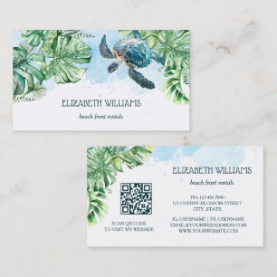 Tarjeta De Visita Tortuga de Acuarela Hojas Tropicales