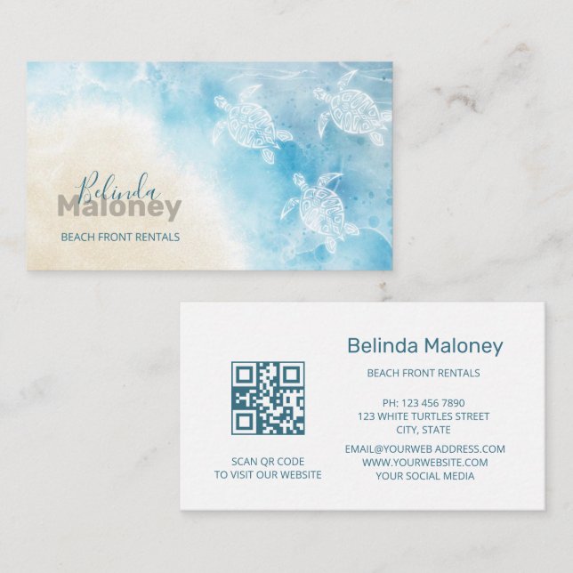 Tarjeta De Visita Tortugas blancas estilo playa escanear código QR (Anverso / Reverso)