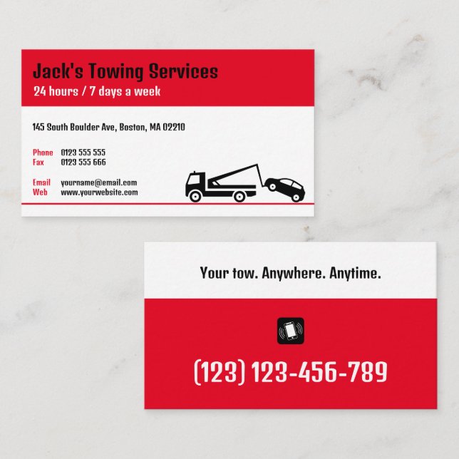 Tarjeta De Visita Tow Truck Services | Su remolque en cualquier mome (Anverso / Reverso)