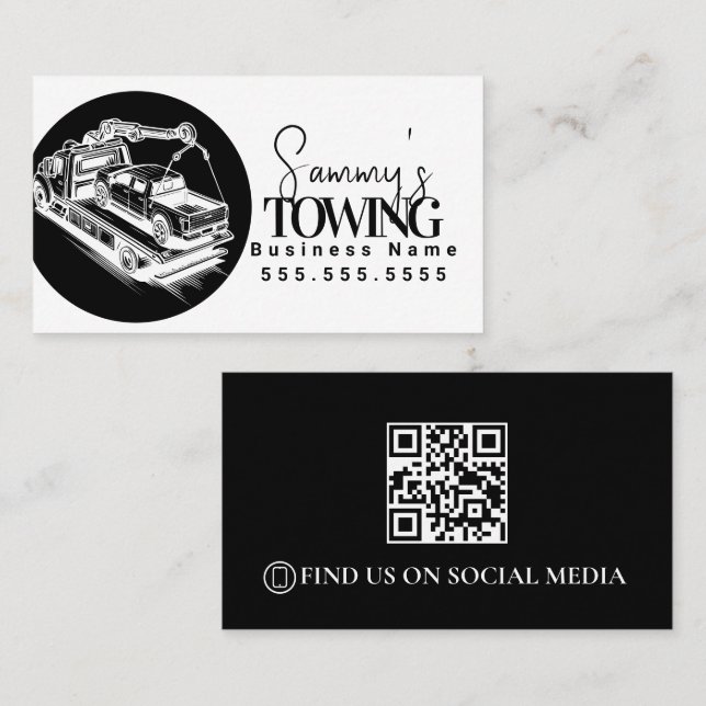 Tarjeta De Visita Towing Services QR Code Black and White (Anverso / Reverso)