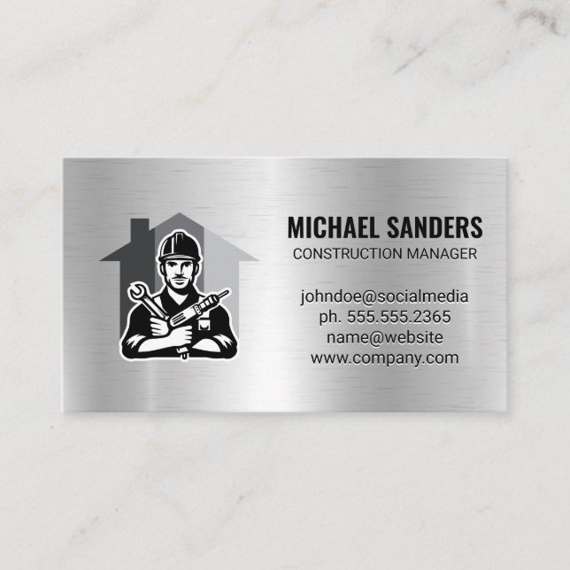 Tarjeta De Visita Trabajador de construcción | Fondo metálico (Anverso)