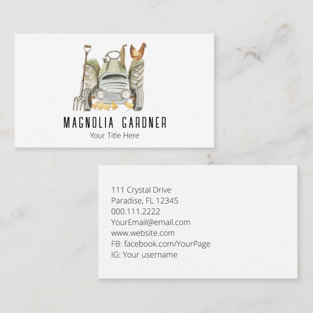 Tarjeta De Visita Tractor de cultivo Pollos Jardinería orgánica (Anverso / Reverso)