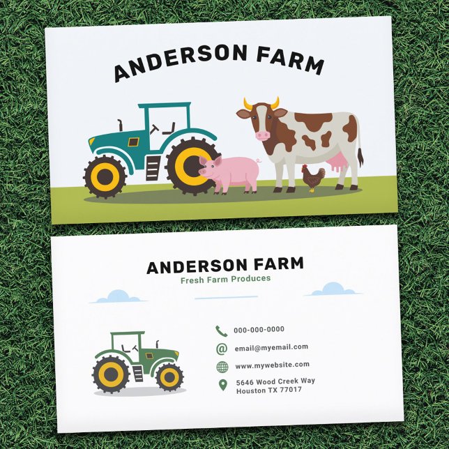Tarjeta De Visita Tractor, vaca, cerdo y pollo - Granja (Tractor, Cow, Pig and Chicken - Farm Business Card)