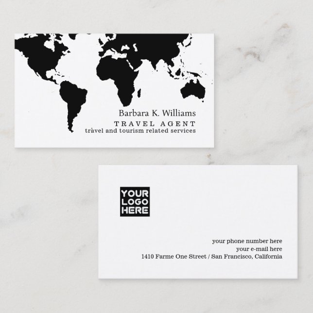 Tarjeta De Visita Travel Agent Modern Black White Business Card  (Anverso / Reverso)
