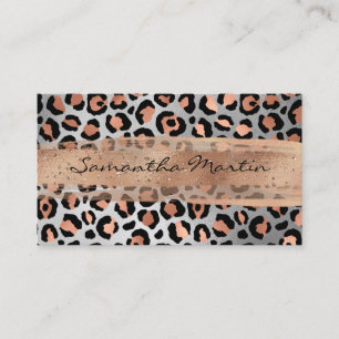 Tarjeta De Visita Trazo de pincel leopardo de oro rosa y hoja de pla