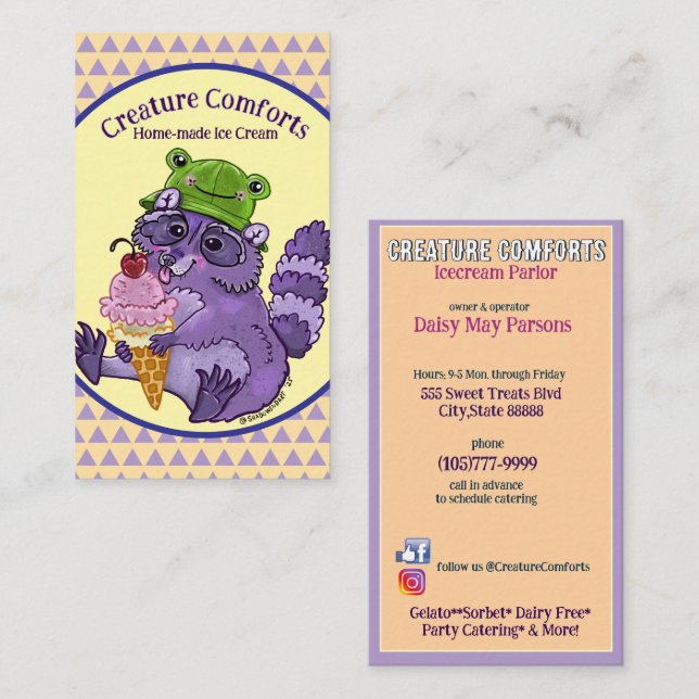 Tarjeta De Visita Treat Yourself, Purple Raccoon with Icecream (Anverso / Reverso)