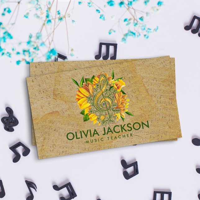 Tarjeta De Visita Treble Clef en notas antiguas de flores amarillas (Subido por el creador)