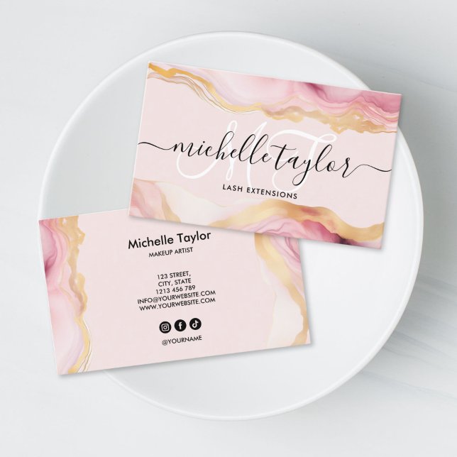 Tarjeta De Visita Trendy Chic Blush Pink Monogram Makeup Artist Hair (blush pink agate gold monogram business card for makeup, hair dresser and beauty salon)