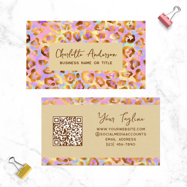 Tarjeta De Visita Trendy Pastel Modern Gold Leopard Imprimir código  (Subido por el creador)