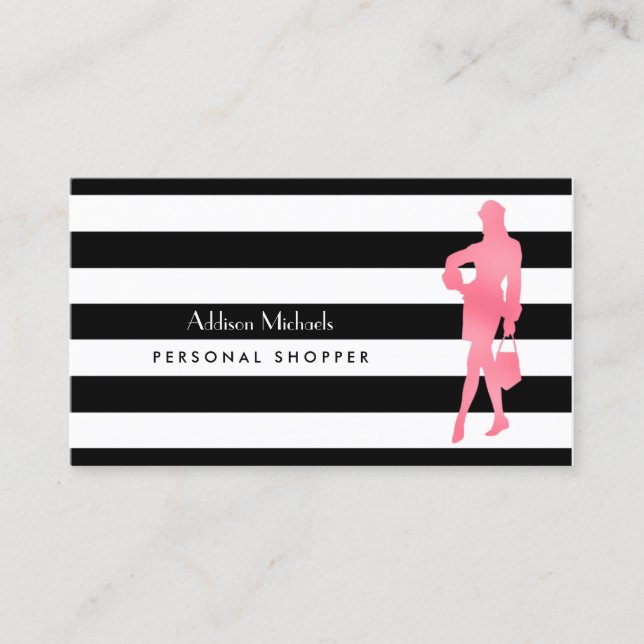 Tarjeta De Visita Trendy Personal Shopper Mujer Rosa Bandas Negras (Anverso)