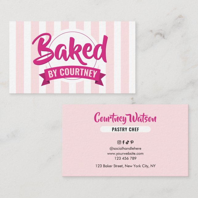 Tarjeta De Visita Trendy Pink Stripes Girly Bakery Chef Caterer (Anverso / Reverso)