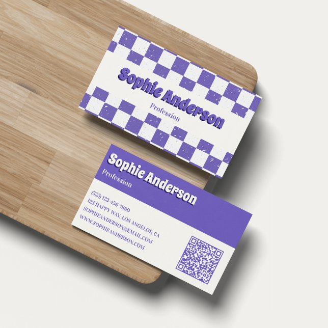 Tarjeta De Visita Trendy Purple Retro Check Pattern with QR Code (Subido por el creador)