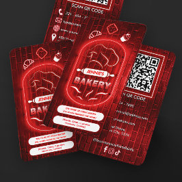 Tarjeta De Visita Trendy Red Neon Pink Bakery Custom Logo QR Code  