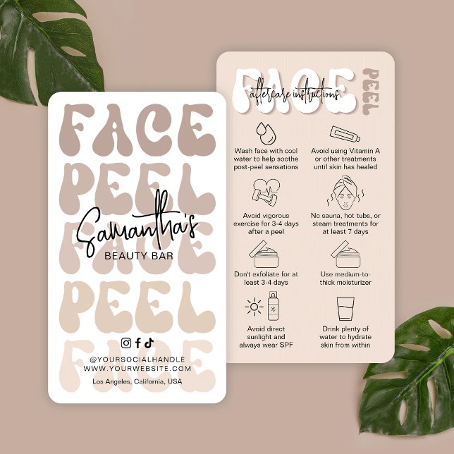 Tarjeta De Visita Trendy Retro Beige Cara química Peel Aftercare (Trendy face peel after care instructions business cards with icons and retro fonts)