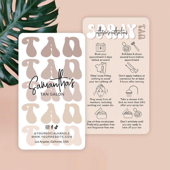 Tarjeta De Visita Trendy Retro Beige Spray Tan Aftercare Tanning (Trendy spray tan after care instructions cards in beige and white with retro fonts & care icons)