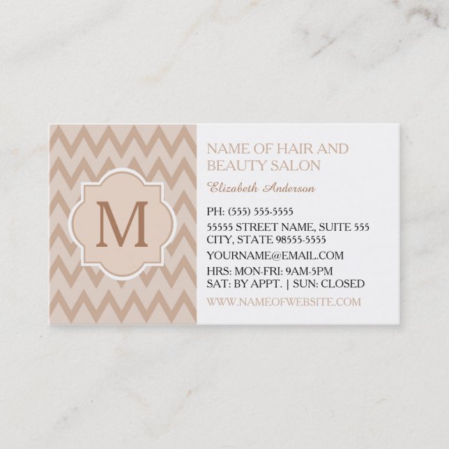 Tarjeta De Visita Trendy Tan Chevron Zigzag Monogram Hair Salon (Anverso)