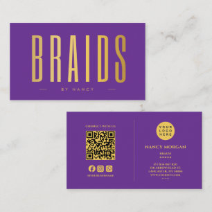 Tarjeta De Visita Trenzas Código QR y Logo Morado y Dorado