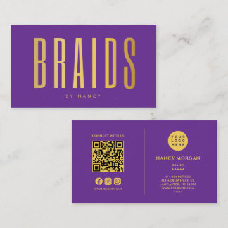 Tarjeta De Visita Trenzas Código QR y Logo Morado y Dorado