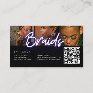 Tarjeta De Visita Trenzas Collage de Fotos Neon Morado 3 Código QR