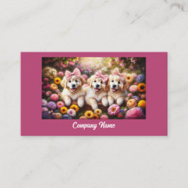 Tarjeta De Visita Tres Cachorros Golden Retriever con flores