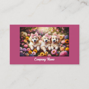 Tarjeta De Visita Tres Cachorros Golden Retriever con flores