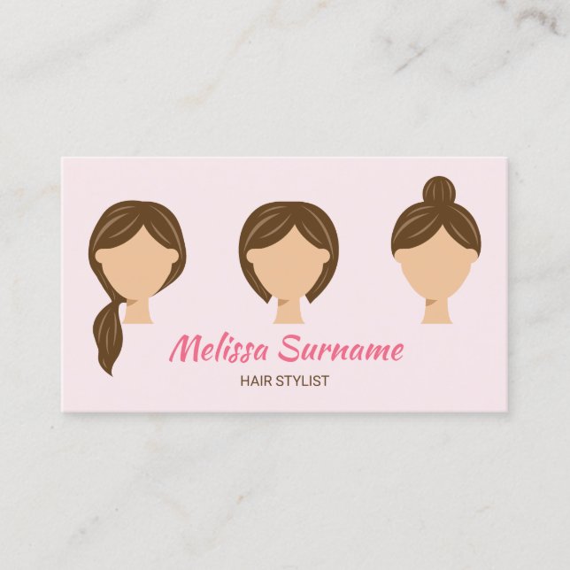 Tarjeta De Visita Tres Estilos de pelo Ilustracion Girly rosa (Anverso)