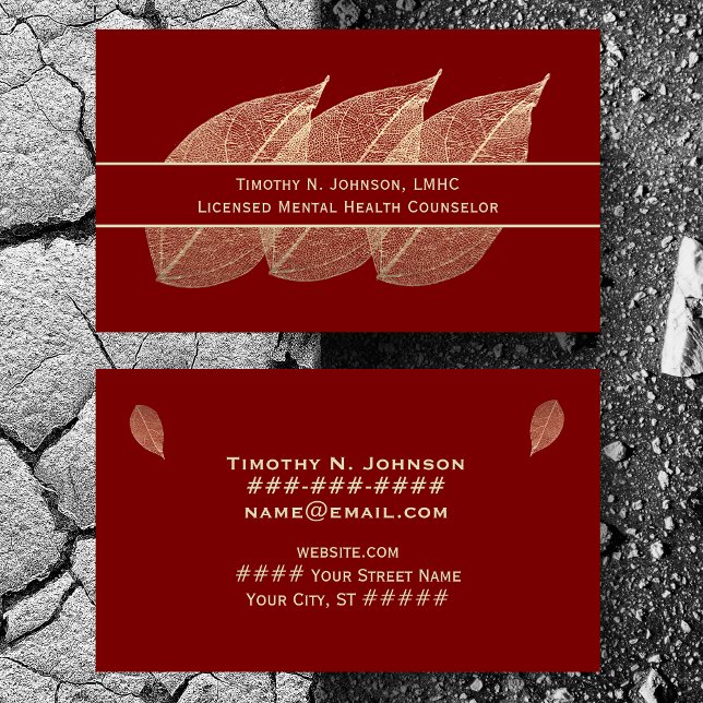 Tarjeta De Visita Tres Hojas Doradas sobre Terapeuta Consejero Grana (Subido por el creador)