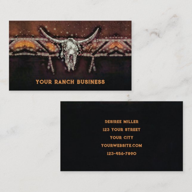 Tarjeta De Visita Tribal Naranja Brown, de cráneo de toro rústico oc (Anverso / Reverso)