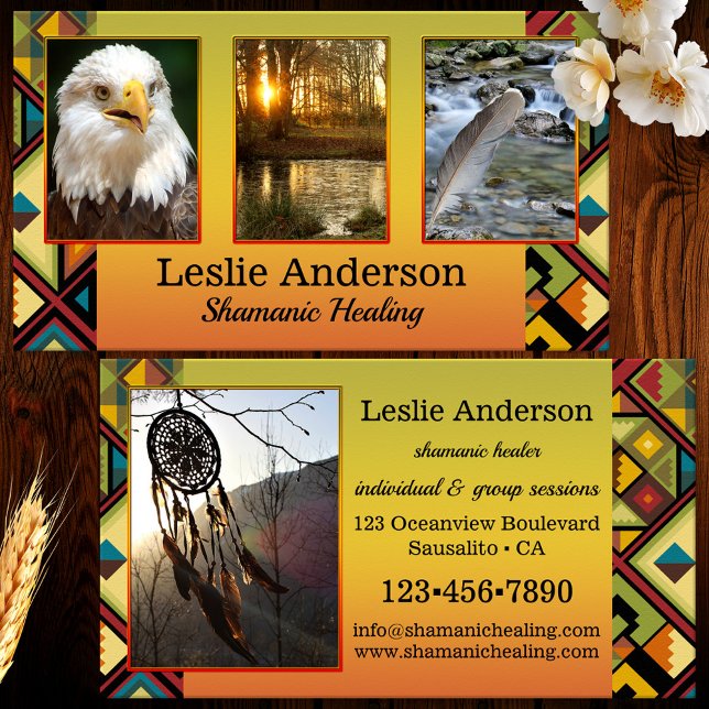 Tarjeta de visita Tribal Shamanic Healing (Business card featuring your custom photos framed by a colorful tribal design. Great for a shaman)