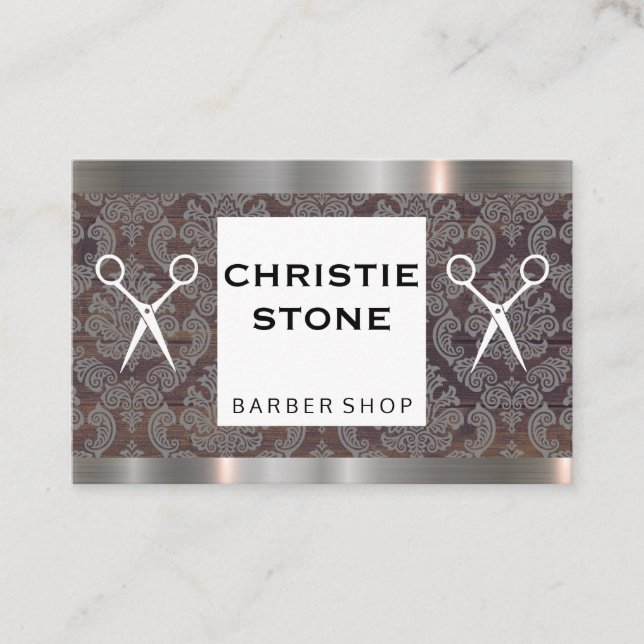 Tarjeta De Visita Trim Damask metalizado Shears Hairstylista (Anverso)