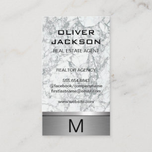 Tarjeta De Visita Trim metálico de plata de mármol   Monograma Lux