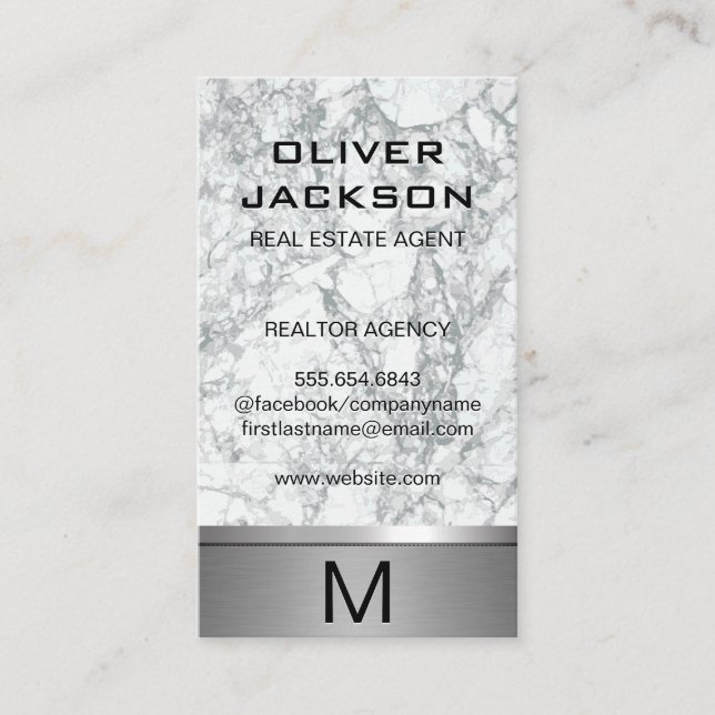 Tarjeta De Visita Trim metálico de plata de mármol | Monograma Lux (Anverso)
