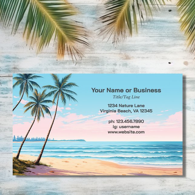 Tarjeta de visita tropical de playas y palmeras (Front - Beach and Palm Trees Tropical Business Card)