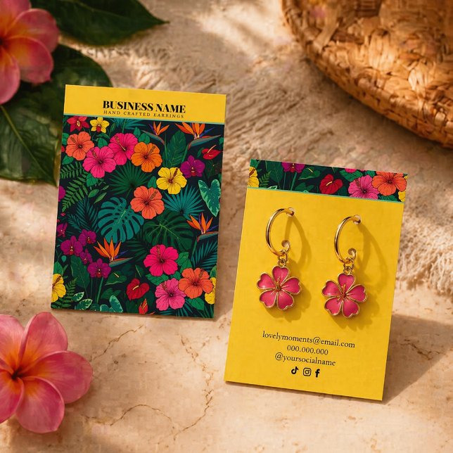 Tarjeta De Visita Tropical Floral Jewelry |Elegant Yellow Background (#jewelrydisplay #earringsdisplay #businesscarddesign #tropicaldesign #floraldesign #mockupdesign )