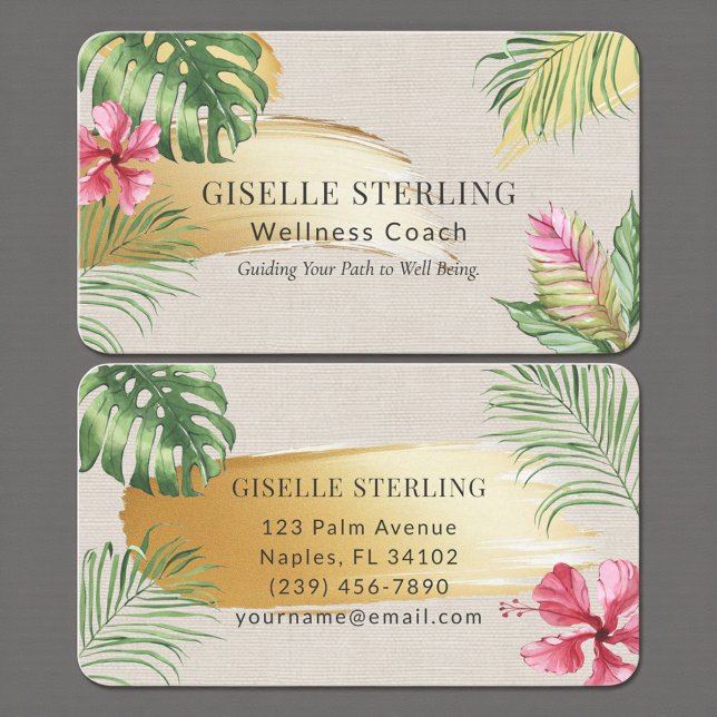 Tarjeta De Visita Tropical Gold Linen Brushed Watercolor Luxury (Subido por el creador)