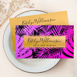 Tarjeta De Visita Tropical palma rosa caliente ombre oro script eleg