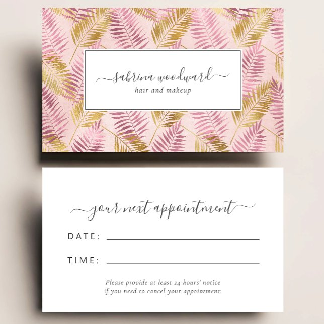 Tarjeta De Visita Tropical Pink Gold Blush Foliage Appointment (Subido por el creador)