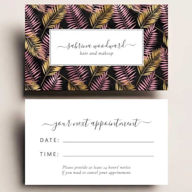 Tarjeta De Visita Tropical Pink Gold Dark Foliage Appointment (Subido por el creador)