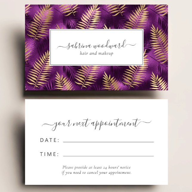 Tarjeta De Visita Tropical Purple Gold Foliage Pattern Appointment (Subido por el creador)