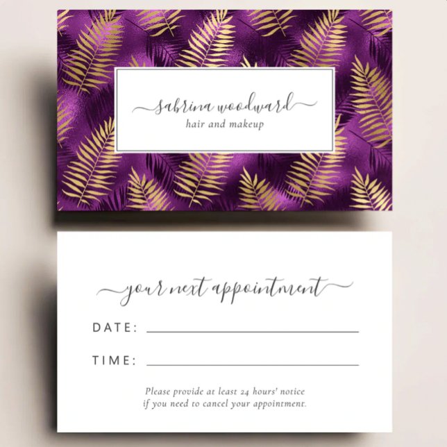 Tarjeta De Visita Tropical Purple Gold Foliage Pattern Appointment (Subido por el creador)