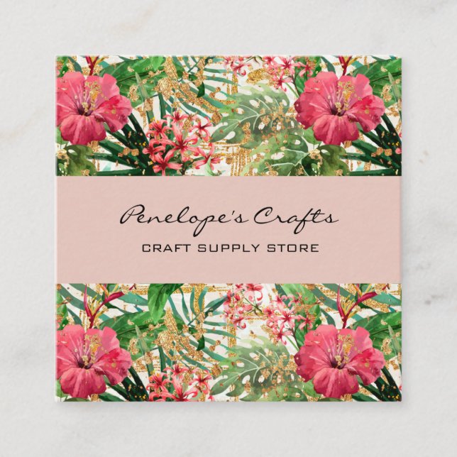 Tarjeta de visita Tropical Rosa Floral Square (Anverso)