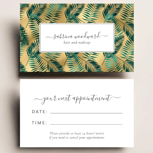 Tarjeta De Visita Tropical Teal Gold Foliage Pattern Appointment (Subido por el creador)