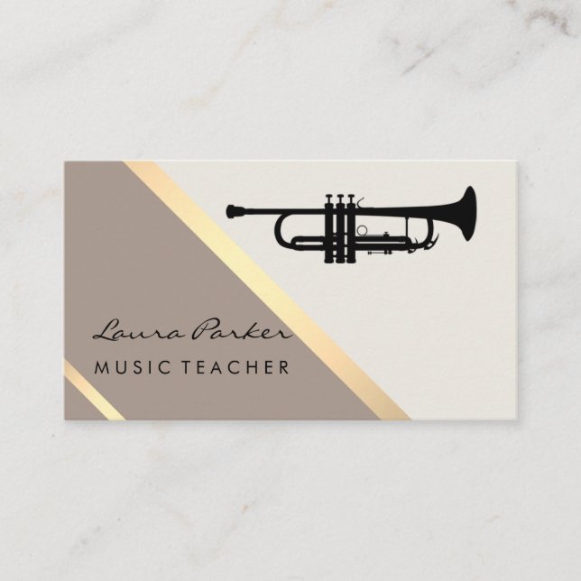 Tarjeta De Visita Trumpet Music Teacher Retro Gold (Anverso)