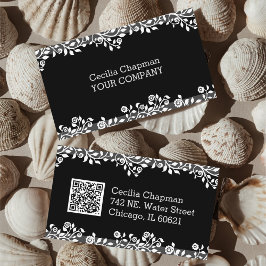 Tarjeta De Visita Tu código QR Floral Negro Elegante Gótico