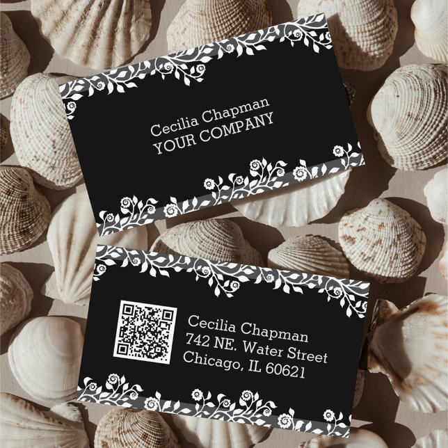 Tarjeta De Visita Tu código QR Floral Negro Elegante Gótico (Subido por el creador)