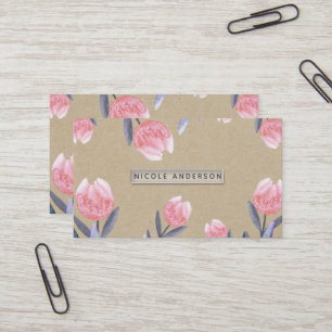 Tarjeta De Visita Tulipanes Acuarela Peach Spring Kraft Rústico Chic