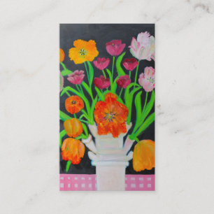 Tarjeta De Visita Tulipanes del loro en Tulipiere en mantel rosado