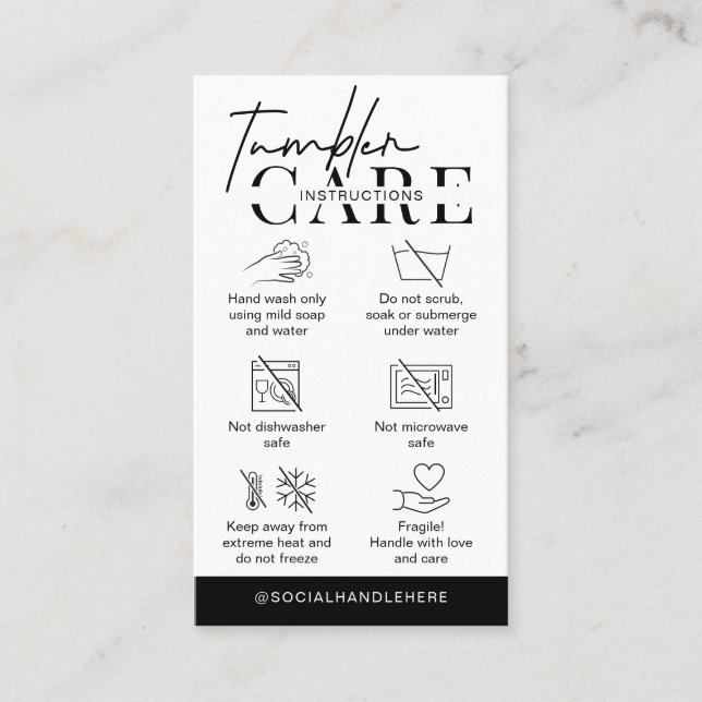 Tarjeta De Visita Tumbler Cup Care Instructions Minimalist Logo (Anverso)