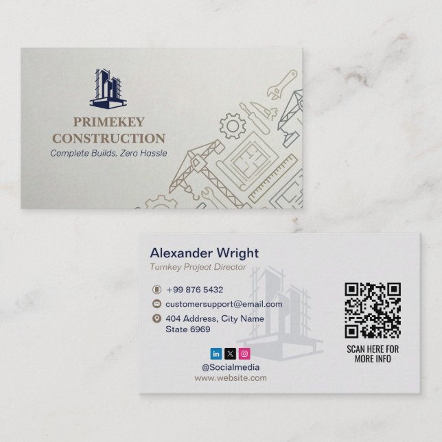 Tarjeta De Visita Turnkey Construction Services | Minimalist Grey (Anverso / Reverso)