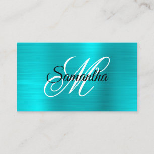 Tarjeta De Visita Turquesa Azul Metálico Holográfico Monograma Elega
